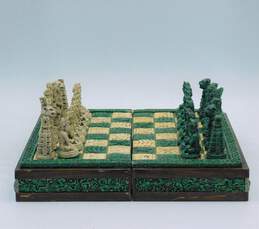 Vintage Green & White Carved Stone/Wood Aztec Mayan Chess Set