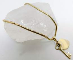 14K Yellow Gold Skeleton Key & Heart Charm Snake Chain Bracelet 7.3g