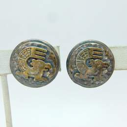 VNTG Coro Silver Tone Mayan Aztec-Inspired Clip-On Disc Earrings 18.2g alternative image