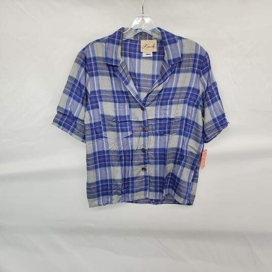 Krush Of California Vintage Blue Plaid Rayon Button Up Shirt WM Size M NWT image number 1