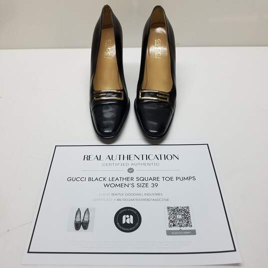 AUTHENTICATED Gucci Black Leather Square Toe Pumps Womens Size 39 image number 1