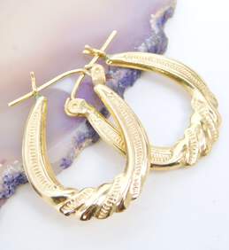 14K Yellow Gold Textured Oblong Hoop Earrings 1.7g