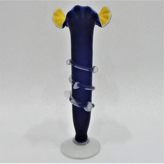 Murano Blue Yellow & Clear Frosted Glass Ruffled Vase image number 3