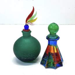 2 Vintage Perfume Bottles ZECCHIN Stain Glass & Green Cracked Art Bottles