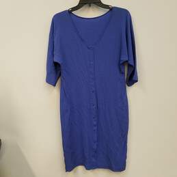 Womens Blue V-Neck 3/4 Sleeve Button Front Midi Shirt Dress Size 8 alternative image