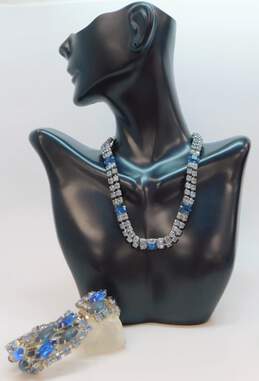 Vintage Icy Blue Rhinestone Statement Necklace & Bracelet 64.0g
