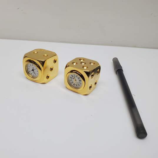 Pair Of VTG. Miniature Brass Dice Figurine Clocks Untested P/R image number 1