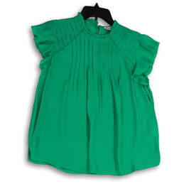 NWT Womens Green Pleated Round Neck Ruffle Sleeve Blouse Top Size M