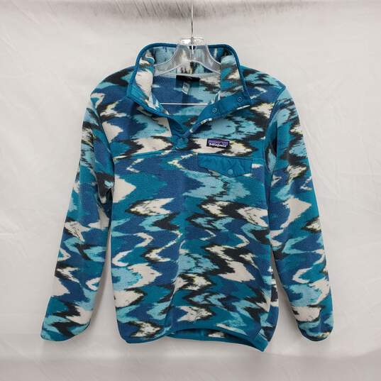Patagonia Synchilla WM's Fleece Teal Blue & White Trout Tales Elwha Snap Button Pullover Size XS image number 1