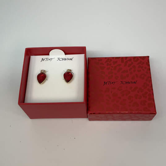 Designer Betsey Johnson Gold-Tone Red Crystal Stone Stud Earrings With Box image number 1