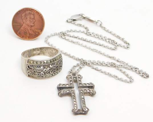 Judith Jack 925 Sterling Silver Marcasite Cross Pendant Necklace & Ring 13.8g image number 4
