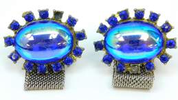 Vintage Silvertone Iridescent Blue Glass Cabcohon & Rhinestones Oval Mesh Chain Cufflinks 42.6g