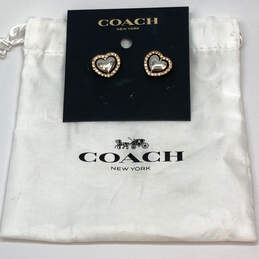 Designer Coach Silver-Tone Heart Shape Stud Earrings With Dust Bag