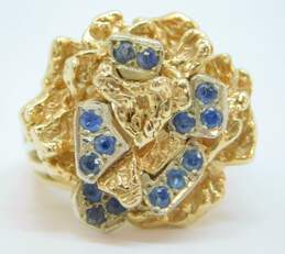 14K Gold Sapphire Accents Abstract Textured Rose Flower Statement Ring 11.7g alternative image
