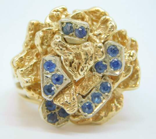 14K Gold Sapphire Accents Abstract Textured Rose Flower Statement Ring 11.7g image number 2