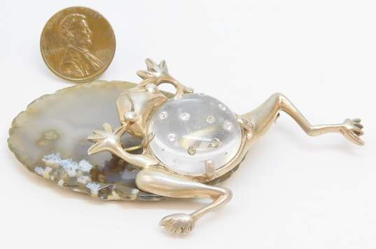 Vintage 925 Rhinestones Accented Clear Lucite Dome Jumping Frog Animal Brooch 15.9g image number 5