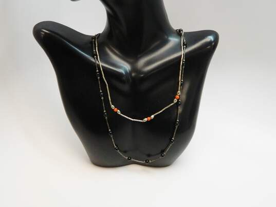 Southwestern Artisan 925 Liquid Silver Onyx & Coral Beaded Necklaces 8.1g image number 1