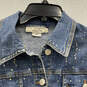 Womens Blue Denim Embellished Long Sleeve Collared Button Front Jacket Sz M image number 3