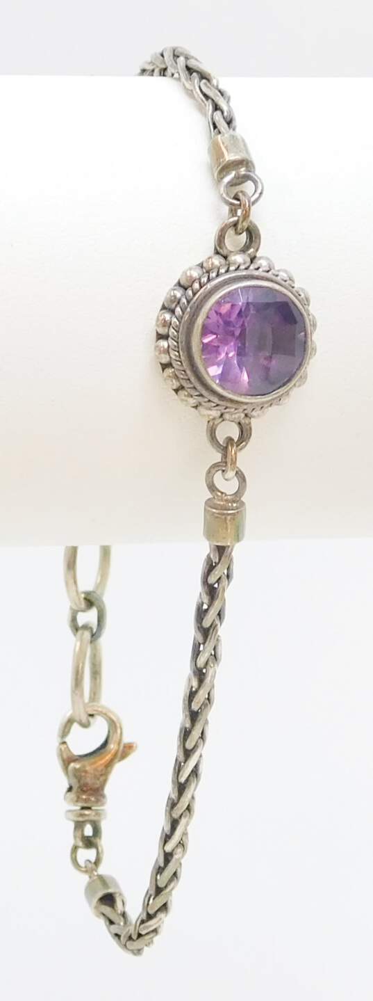 AT 925 Faceted Amethyst Granulated Circle Bali Style Charm Wheat Chain Bracelet 10.3g image number 3