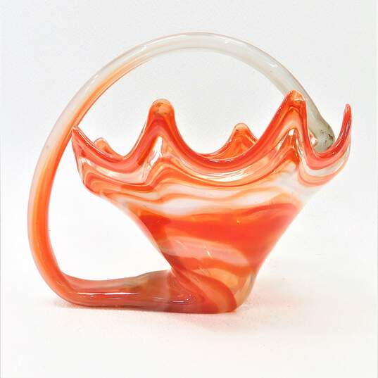 Murano Style Hand Blown Glass Art Red Swirl Basket image number 2