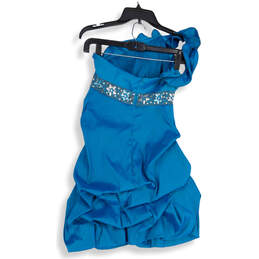 Womens Blue Embellished One Shoulder Back Zip Ruched Mini Dress Size S/C alternative image