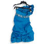 Womens Blue Embellished One Shoulder Back Zip Ruched Mini Dress Size S/C image number 2
