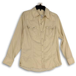 Womens Beige Long Sleeve Spread Collar Flap Pocket Button-Up Shirt Size M