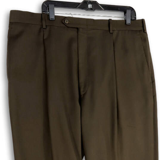 Mens Brown Pleated Slash Pockets Formal Straight Leg Dress Pants Size 40R image number 3