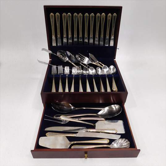 Vintage Hampton Silversmiths Stainless Gold Accent Edge 196 Flatware Set for 12 image number 1