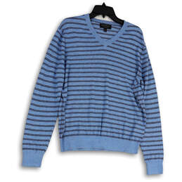 Womens Blue Striped Long Sleeve V-Neck Knitted Pullover Sweater Size Large