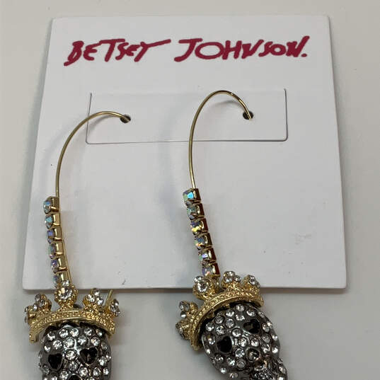 Designer Betsey Johnson Gold-Tone Rhinestone Crown Skull Dangle Earrings image number 4