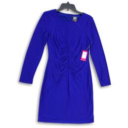 NWT Womens Blue Ruched Long Sleeve Round Neck Back Zip Bodycon Dress Size 10