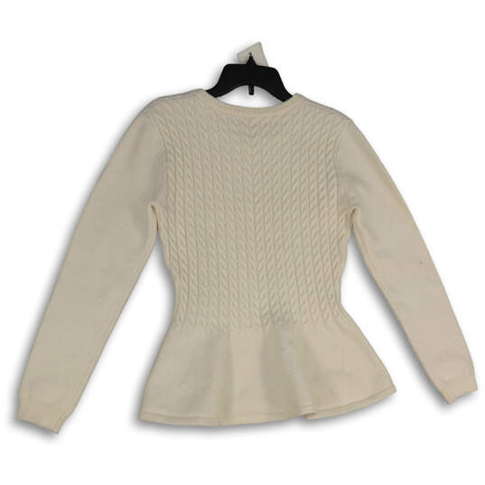 Womens White Crew Neck Long Sleeve Cable-Knit Peplum Pullover Sweater Sz 4 image number 2