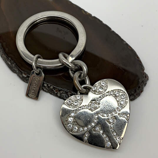 Designer Coach Silver-Tone Crystal Heart Locket Keychain With Dust Bag