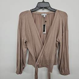 Glittery Tan Deep V Neck Scrunched Sleeves With Sash