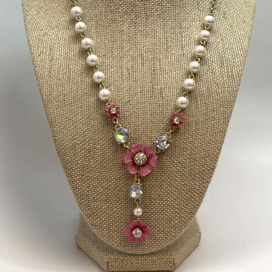 Designer Betsey Johnson Gold-Tone Pink Floral Beaded Y-Shaped Necklace image number 1