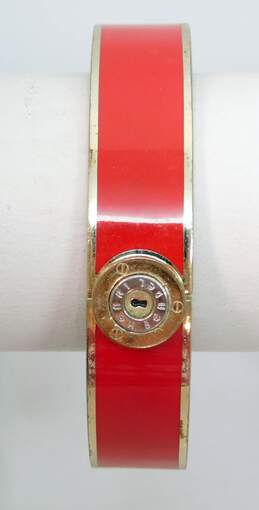 Henri Bendel Gold Tone Red & Black & White Striped Enamel Hinged Bracelet 48.7g