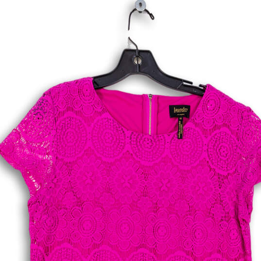 Womens Pink Lace Design Short Sleeve Round Neck Mini Dress Size 12 image number 3