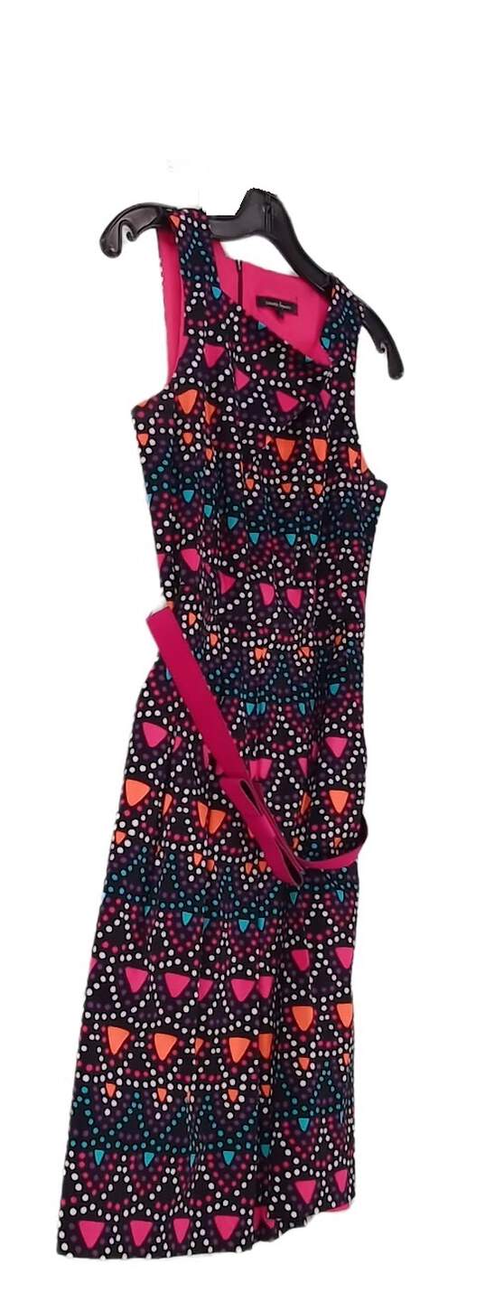 Women Multicolor Sleeveless Square Neck Belted Knee Length A Line Dress Size 8 image number 3