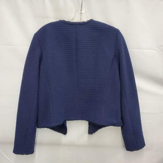 NWT Ann Taylor WM's Navy Blue Tweed Open Cropped Blazer w Fringe Trim Size M image number 2