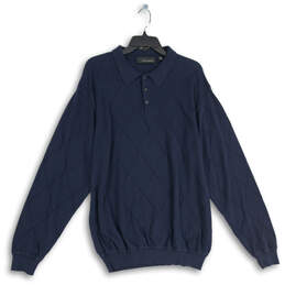 Mens Navy Blue Argyle Print Long Sleeve Spread Collar Polo Shirt Size Large