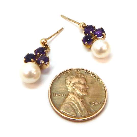 10K Yellow Gold Amethyst Cluster & Pearl Dangle Earrings 3.0g image number 4