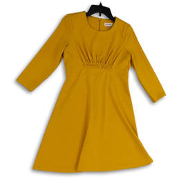 Womens Yellow Crew Neck 3/4 Sleeve Back Zip Sheath Dresses Size 10P