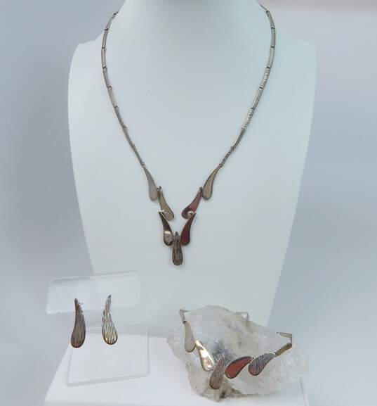 Artisan 925 Textured Teardrops Linked Collar Necklace Earrings & Bracelet Set image number 1