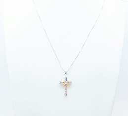 925 Sterling Silver & 14K Yellow Gold White Topaz Cross Pendant On Box Chain Necklace 5.1g alternative image