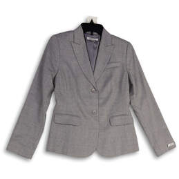 Womens Gray Peak Lapel Long Sleeve Flap Pocket Two Button Blazer Size 4