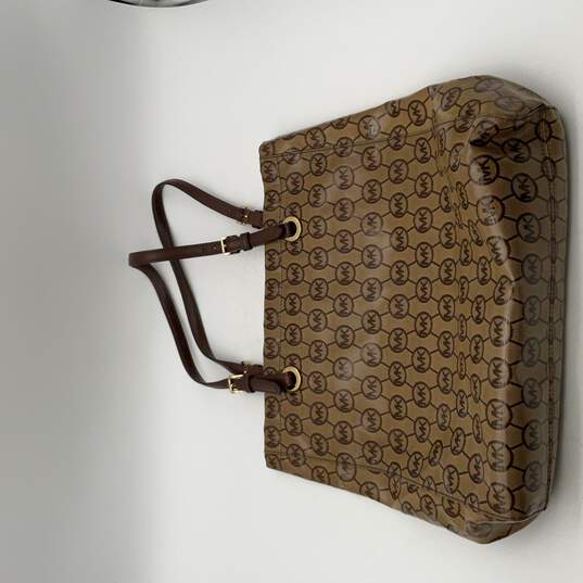 Michael Kors Womens Brown Leather Signature Print Zipper Pocket Tote Bag Purse image number 3