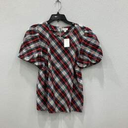 NWT J. Crew Womens Red White Plaid Short Sleeve Blouse Top Shirt Size L