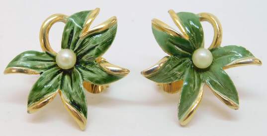 Vintage Panetta & Emmons Icy Rhinestone Faux Pearl & Gold Tone Clip-On Earrings 17.6g image number 5