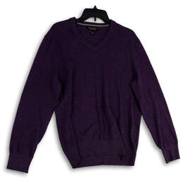 Womens Purple V-Neck Long Sleeve Tight-Knit Pullover Sweater Size Large
